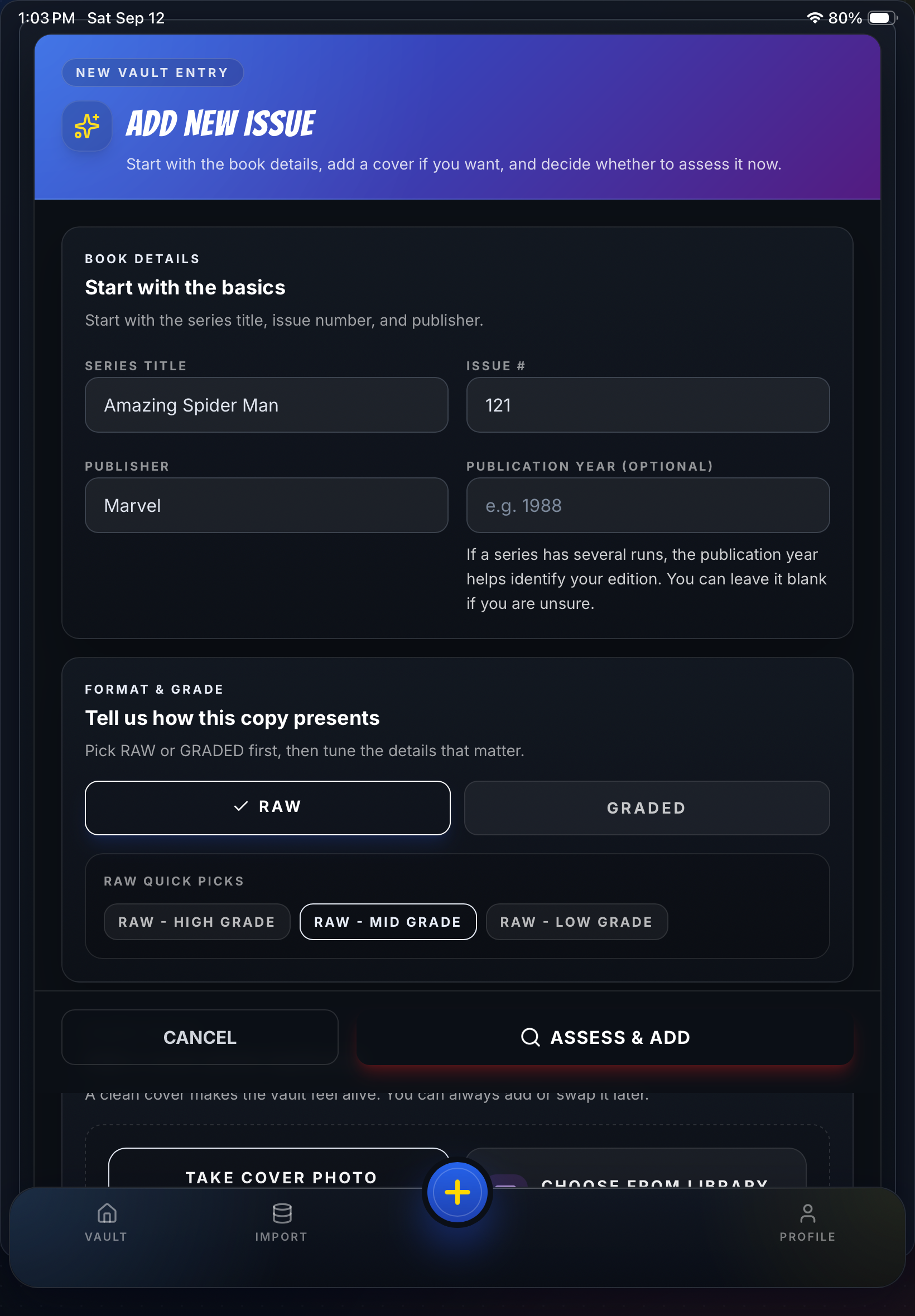 ComiCollector Add a Comic form for recording comic title, issue number, publisher, condition, variant, grade, and cover photo