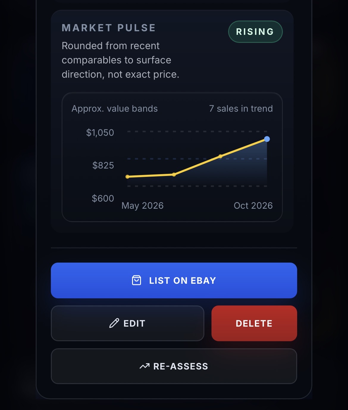 ComiCollector Market Pulse chart showing Amazing Spider-Man #601 value bands rising from May to October 2026