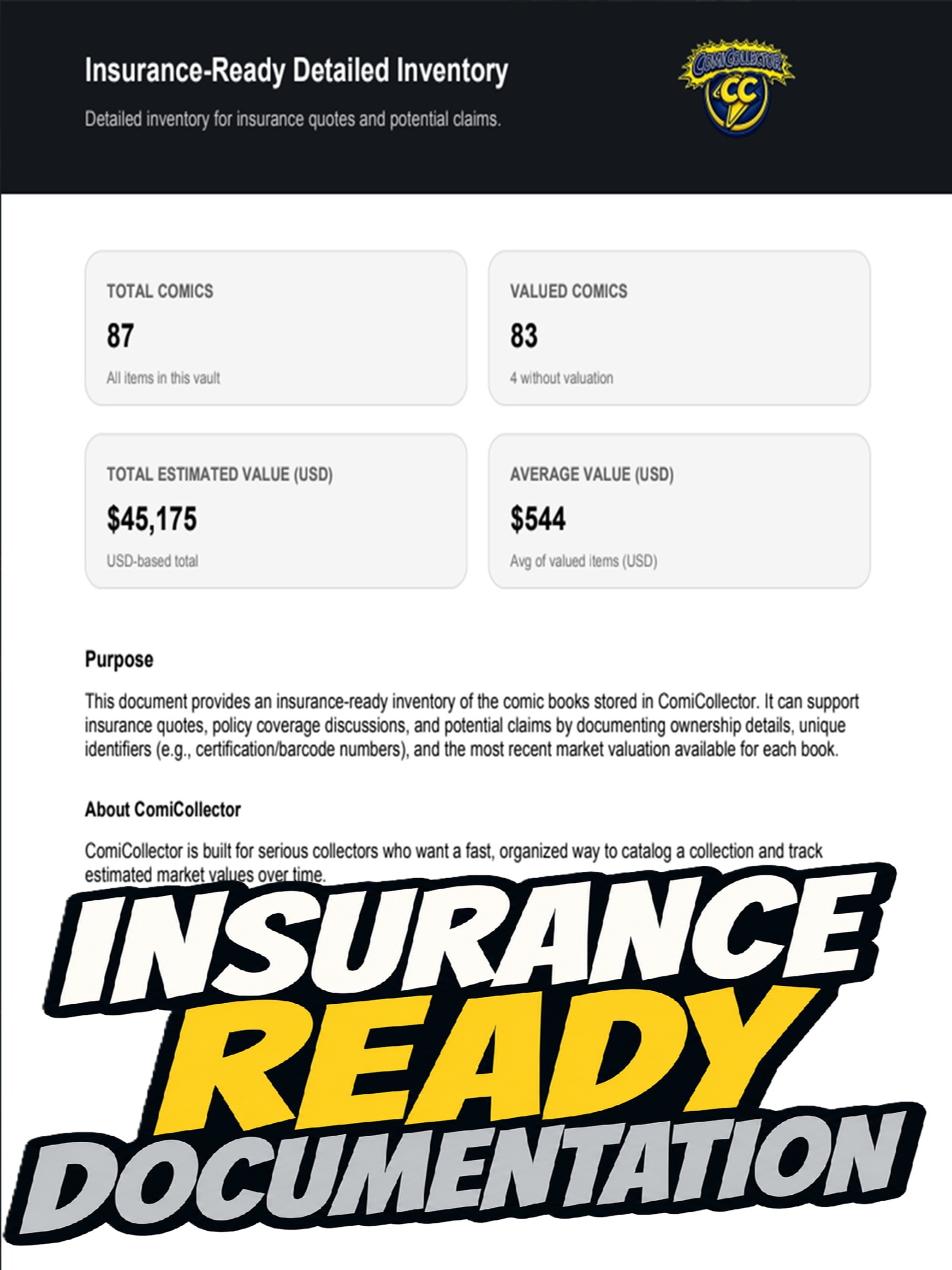 ComiCollector insurance-ready comic collection document showing organized collection details and assessed values